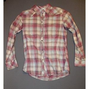 Wrangler Rock 47 Womens Pearl Snap Shirt large Pink purple Plaid Embellished